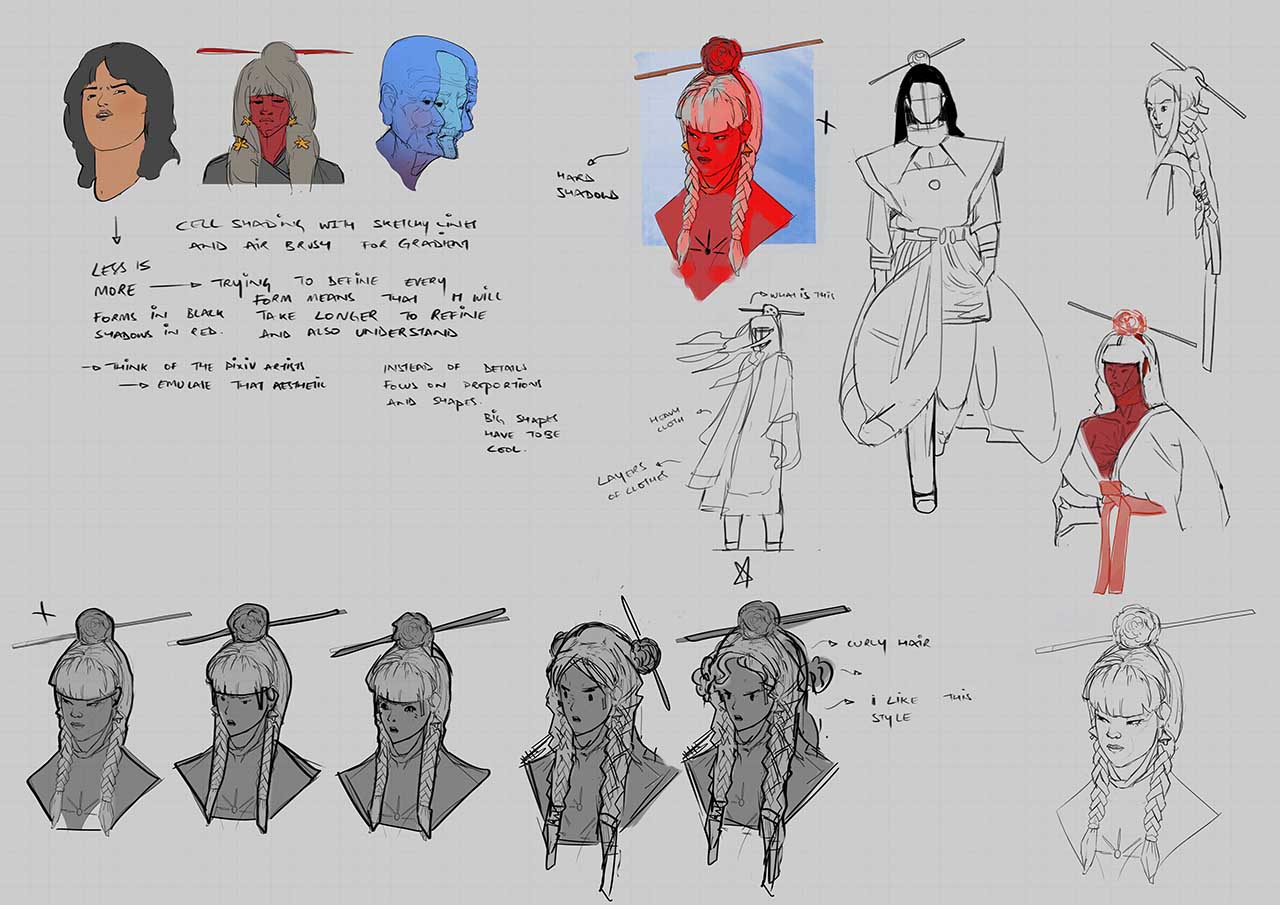 Character design sketches and anatomy explorations for graphic novel.